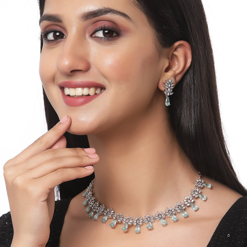Rhodium-Plated Silver Toned Teardrop Sea Green American Diamond Studded Necklace Earrings Jewellery Set