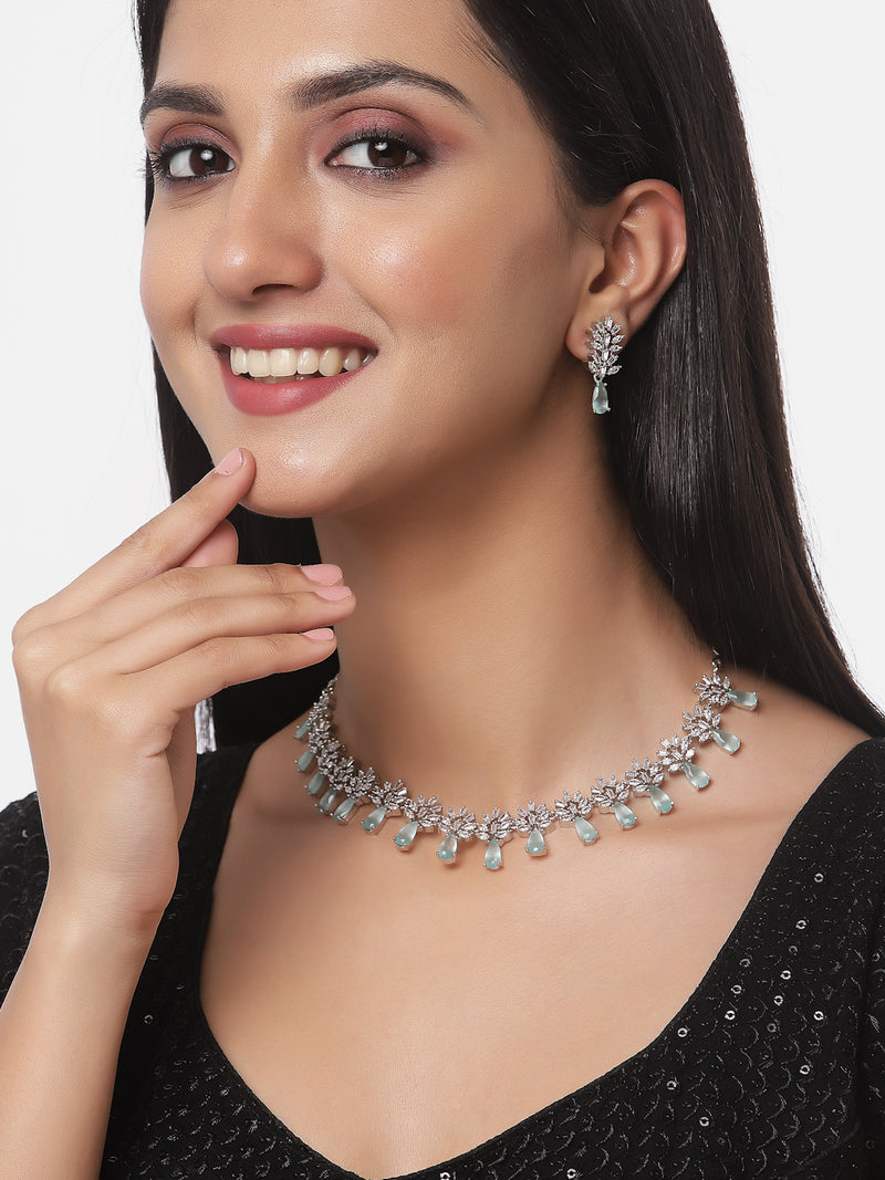 Rhodium-Plated Silver Toned Teardrop Sea Green American Diamond Studded Necklace Earrings Jewellery Set