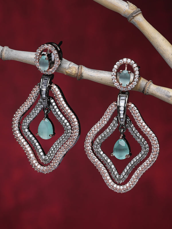 Rose Gold-Plated Gunmetal Toned Sea Green American Diamond studded Layered Drop Earrings