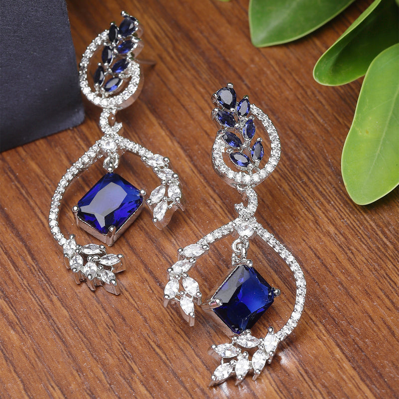 Rhodium-Plated Navy Blue American Diamond studded Square & Leaf Shaped Drop Earrings