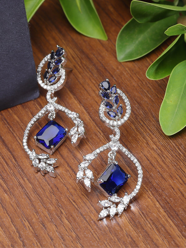 Rhodium-Plated Navy Blue American Diamond studded Square & Leaf Shaped Drop Earrings