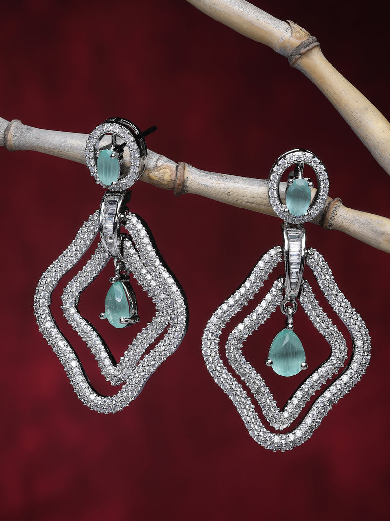 Rhodium-Plated Sea Green & White American Diamond studded Layered Drop Earrings