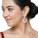 Rhodium-Plated Pink & White American Diamond studded Layered Drop Earrings