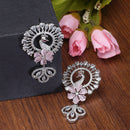 Rhodium-Plated Pink American Diamond studded Handcrafted Peacock Shaped Drop Earrings