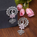 Rhodium Plated Peacock Pink American Diamond Contemporary Long Drop Earrings
