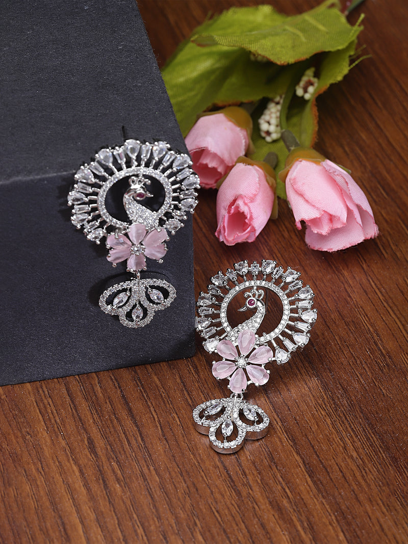 Rhodium-Plated Pink American Diamond studded Handcrafted Peacock Shaped Drop Earrings