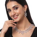 Rhodium-Plated Silver Toned Square Pink American Diamond Studded Necklace with Earring Jewellery Set