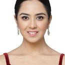 Rhodium-Plated Sea Green American Diamond studded Oval & Quirky Shaped Drop Earrings