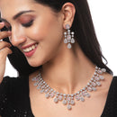 Rhodium-Plated Silver Toned Square Pink American Diamond Studded Necklace with Earring Jewellery Set