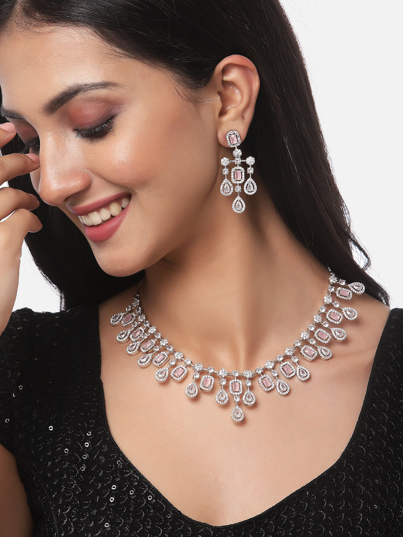 Rhodium-Plated Silver Toned Square Pink American Diamond Studded Necklace with Earring Jewellery Set