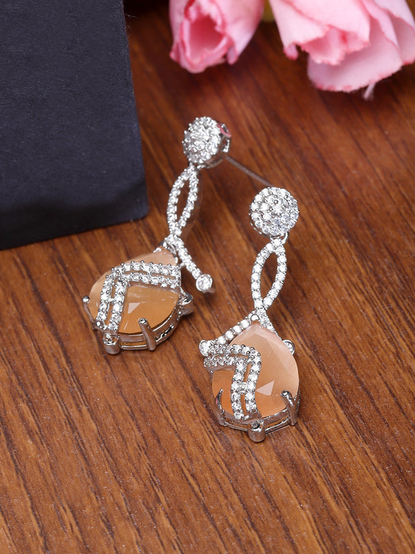 Rhodium-Plated Orange & White American Diamond studded Trardrop Shaped Drop Earrings