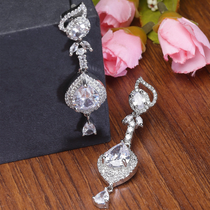 Rhodium-Plated White American Diamond studded Handcrafted Teardrop Drop Earrings