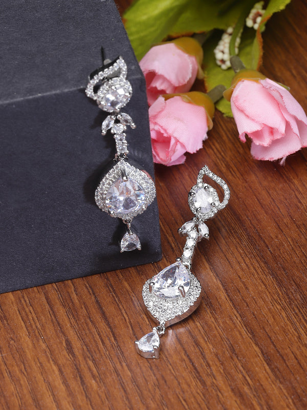 Rhodium-Plated White American Diamond studded Handcrafted Teardrop Drop Earrings