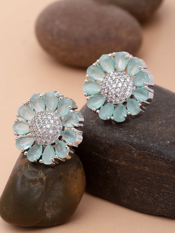 Rhodium-Plated Sea Green American Diamond studded Floral Handcrafted Stud Earrings
