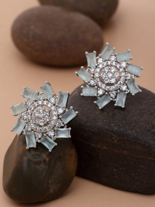 Rhodium-Plated Sea Green & White American Diamond studded Floral Shaped Handcrafted Stud Earrings