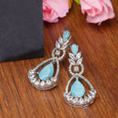 Rhodium Plated Teardrop & Leaf Sea Blue American Diamond Contemporary Long Drop Earrings