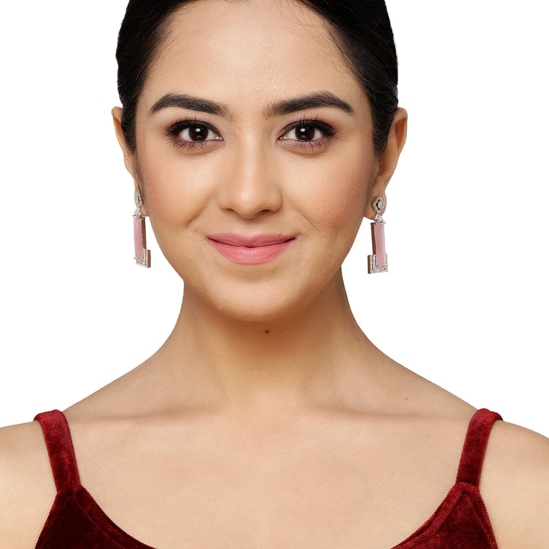 Rhodium-Plated Pink American Diamond studded Rectangular Shaped Drop Earrings