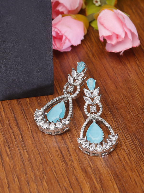 Rhodium-Plated Sky Blue American Diamond studded Teardrop & Leaf Shaped Drop Earrings