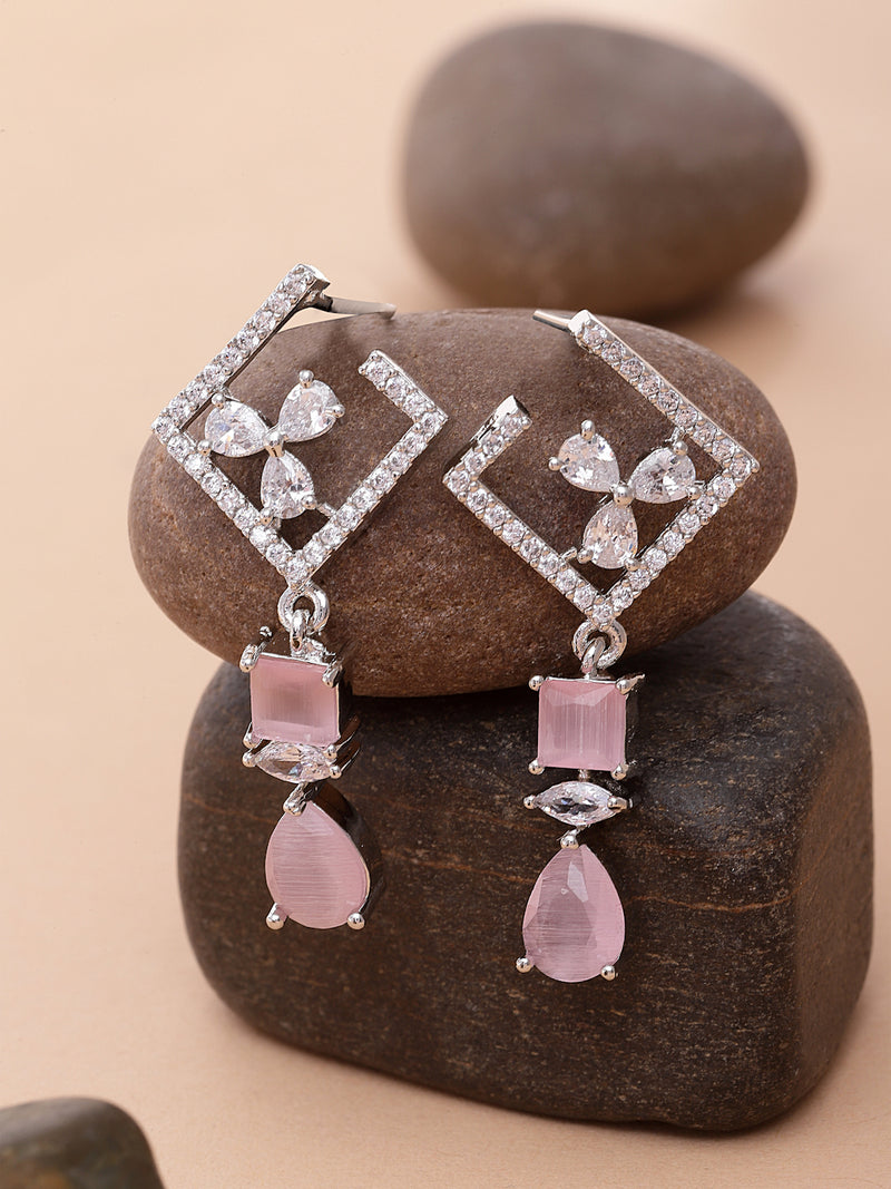 Rhodium-Plated Pink & White American Diamond studded Square & Teardrop Shaped Contemporary Drop Earrings