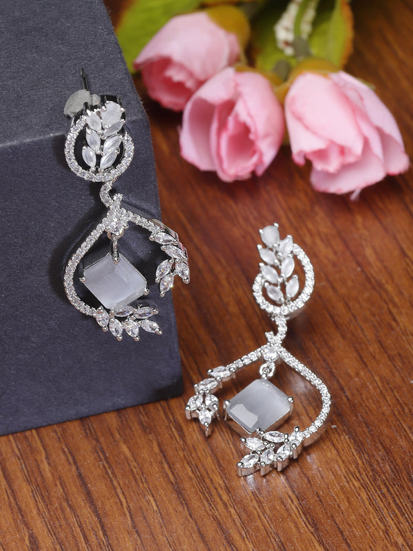 Rhodium-Plated Grey American Diamond studded Square & Leaf Shaped Drop Earrings
