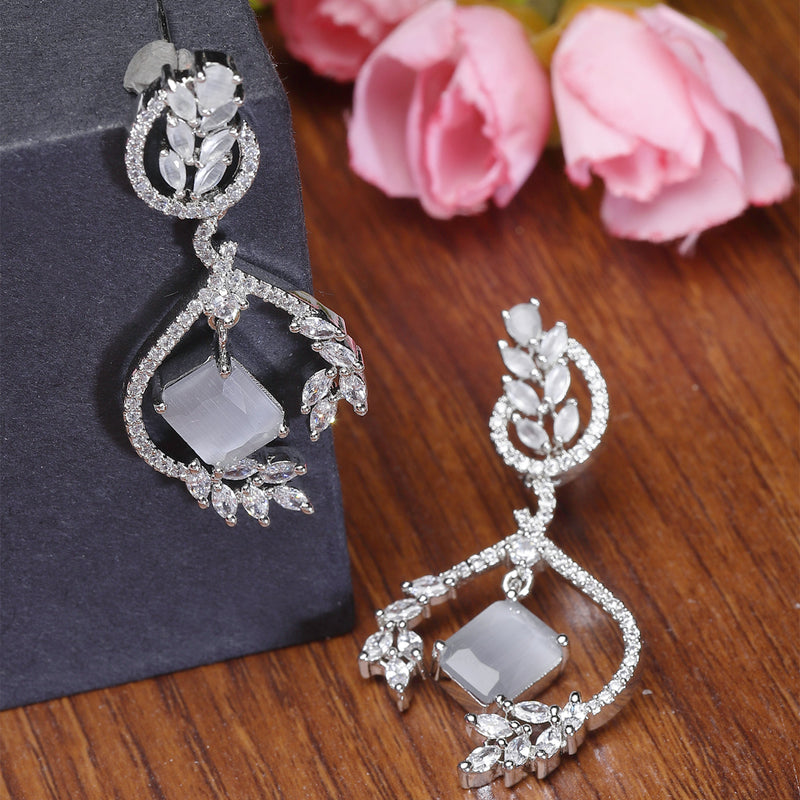 Rhodium-Plated Grey American Diamond studded Square & Leaf Shaped Drop Earrings