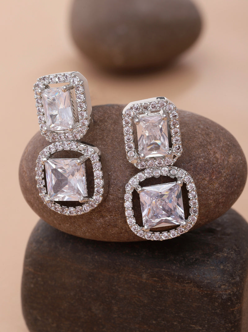 Rhodium-Plated White American Diamond studded Square Shaped Drop Earrings