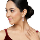 Rhodium-Plated Pink American Diamond studded Rectangular Shaped Drop Earrings