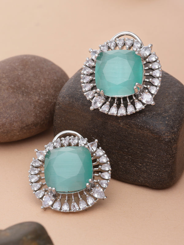 Rhodium-Plated Sea Green & White American Diamond studded Contemporary Round Stud Earrings