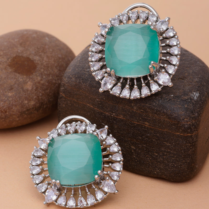 Rhodium-Plated Sea Green & White American Diamond studded Contemporary Round Stud Earrings