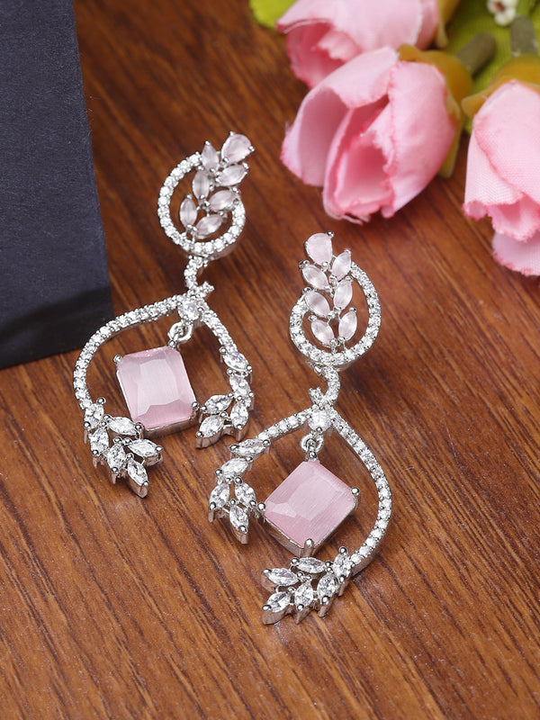 Rhodium-Plated Pink American Diamond studded Square & Leaf Shaped Drop Earrings