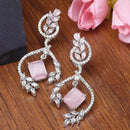 Rhodium-Plated Pink American Diamond studded Square & Leaf Shaped Drop Earrings