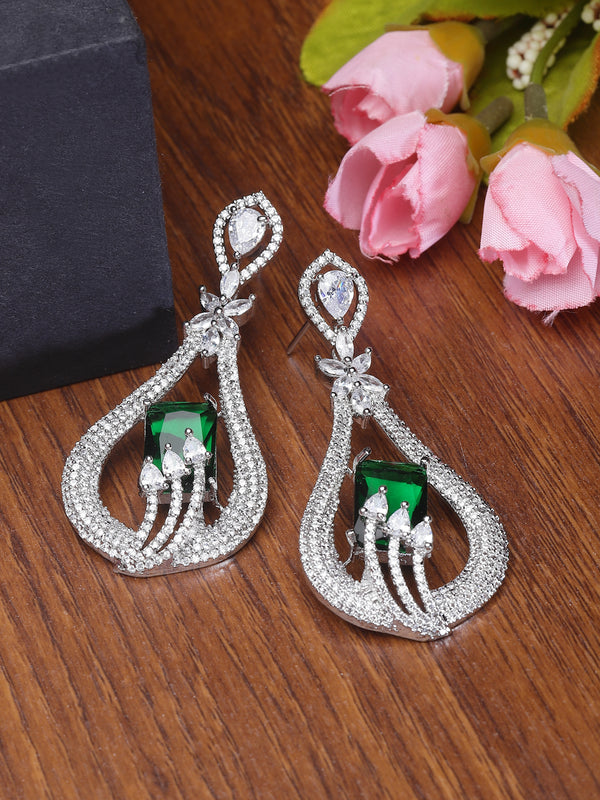 Rhodium-Plated Green American Diamond studded Handcrafted Quirky Shaped Drop Earrings