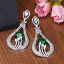 Rhodium Plated Quirky Green American Diamond Contemporary Long Drop Earrings