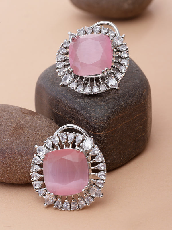 Rhodium-Plated Pink & White American Diamond studded Contemporary Round Stud Earrings