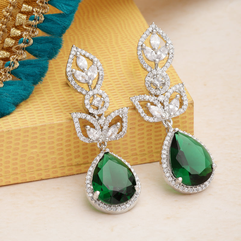 Rhodium-Plated Green American Diamond studded Teardrop & Leaf Shaped Drop Earrings