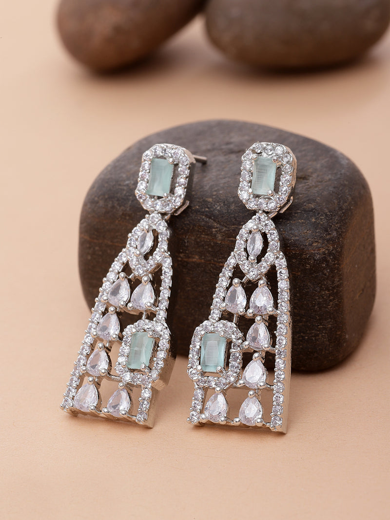 Rhodium-Plated Sea Green American Diamond studded Classic Drop Earrings