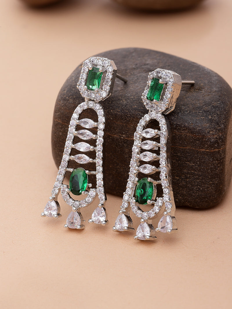 Rhodium-Plated Green American Diamond studded Classic Contemporary Drop Earrings