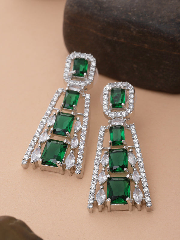 Rhodium-Plated Green American Diamond studded Contemporary Drop Earrings
