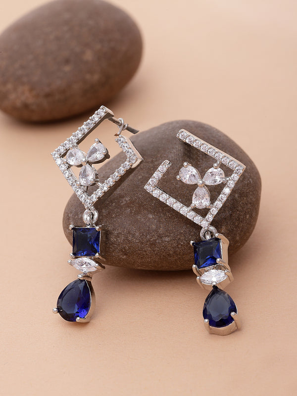 Rhodium-Plated Navy Blue & White American Diamond studded Square & Teardrop Shaped Contemporary Drop Earrings