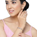 Rhodium Plated Silver Toned Oval Shaped Red American Diamond Studded Kada Bracelet