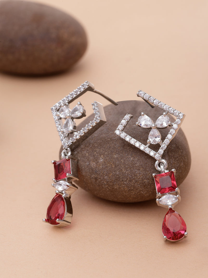 Rhodium-Plated Red & White American Diamond studded Square & Teardrop Shaped Contemporary Drop Earrings