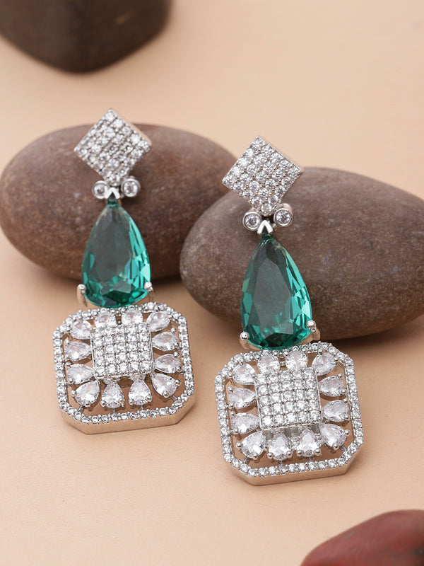Rhodium-Plated Green & White American Diamond studded Square & Teardrop Drop Earrings