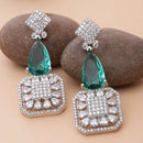 Rhodium-Plated Green & White American Diamond studded Square & Teardrop Drop Earrings