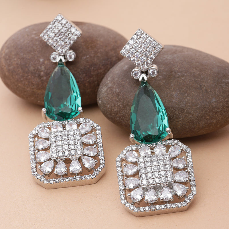 Rhodium-Plated Green & White American Diamond studded Square & Teardrop Drop Earrings