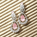 Rhodium Plated Teardrop & Leaf Pink American Diamond Contemporary Long Drop Earrings