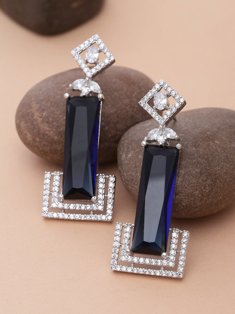 Rhodium-Plated Navy Blue American Diamond studded Rectangular Shaped Drop Earrings