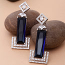 Rhodium-Plated Navy Blue American Diamond studded Rectangular Shaped Drop Earrings