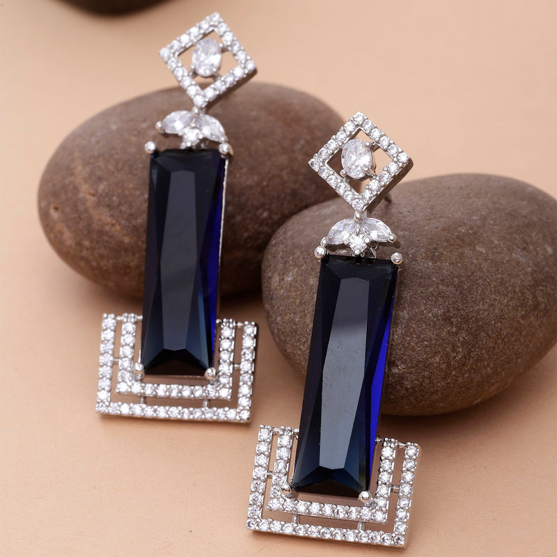 Rhodium-Plated Navy Blue American Diamond studded Rectangular Shaped Drop Earrings