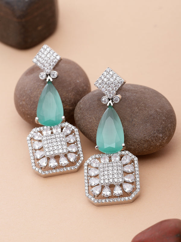 Rhodium-Plated Sea Green & White American Diamond studded Square & Teardrop Drop Earrings