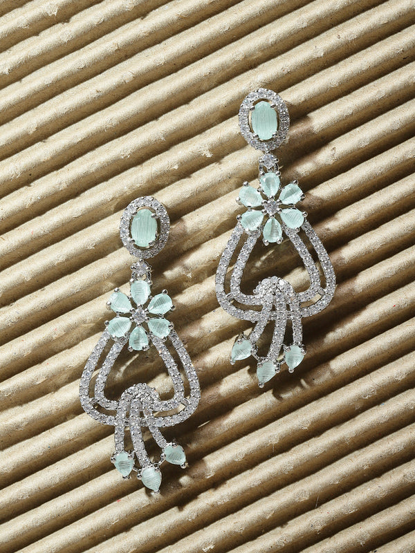 Rhodium-Plated Sea Green & White American Diamond studded Floral Shaped Drop Earrings